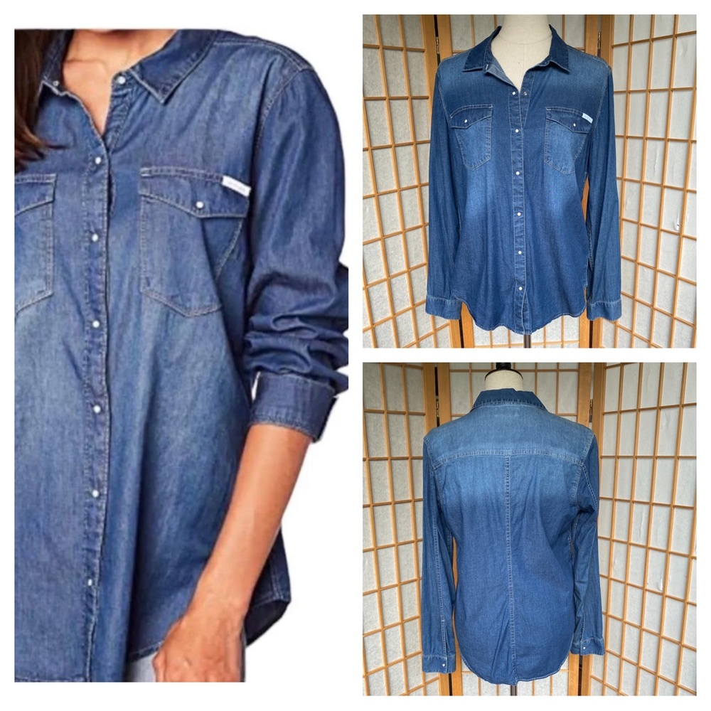 Calvin Klein Long Sleeve Blue Chambray Snap Closure Shirt SZ L